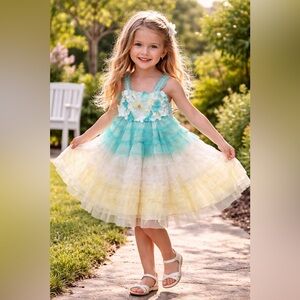 Le Pink / Little Mass Summer Fun Tulle Smocked Back Ruffle Dress Girls 4T 4 NWT